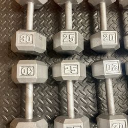The Couple's Set... Cast Iron Hex Dumbbells: 5s, 8s, 10s, 12s, 15s, 20s, 25s and 30 pounders. Brute W= 250#