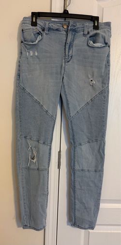 Jaywalkers blue denim jeans with vertical ribbed panels on the thighs, size 32