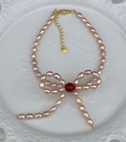 B51-Handmade Peach Pink Baby Pearl Red Agate Bow S925 Sterling Silver Bracelet