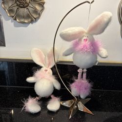 Easter Decoration Pair of  Plush Bunny Ornaments Pink & White 10” Tall