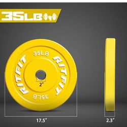 Set of 2.  35 Lb. RitFit Color Coded Olympic Bumper Plate for Barbell - 2-Inch Weight Plates With Steel Insert, Rubber Weights for Strength Training 