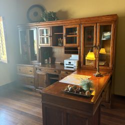 Wood Wall Desk With Glass Doors And Shelving, With L Shaped Work Area $100
