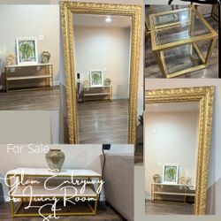 Gold Mirror + Glass Console Table + Side Table – Matching Modern Glam Set 