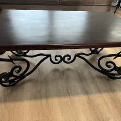 Coffee Table & Side Table Set Wrought Iron & Solid Wood 