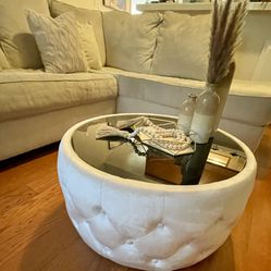 Upholstered Ottoman Glass Coffee Table 