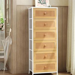 White,Rattan Dresser, Tall Fabric Storage Tower, Chests of Drawers with Handles - Organizer Unit