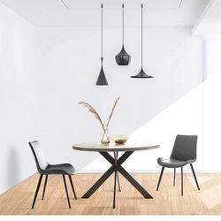 Round Dining Table for 4-6 People, 47" Modern Kitchen Table with Steel Legs, 2 leather chairs available