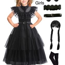Wednesday Addams Ruffle Dress Halloween Girls Costume 5-7