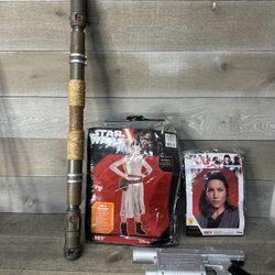 Star Wars Rey Force Awakens Costume Youth Medium Wig Blaster Staff Complete
