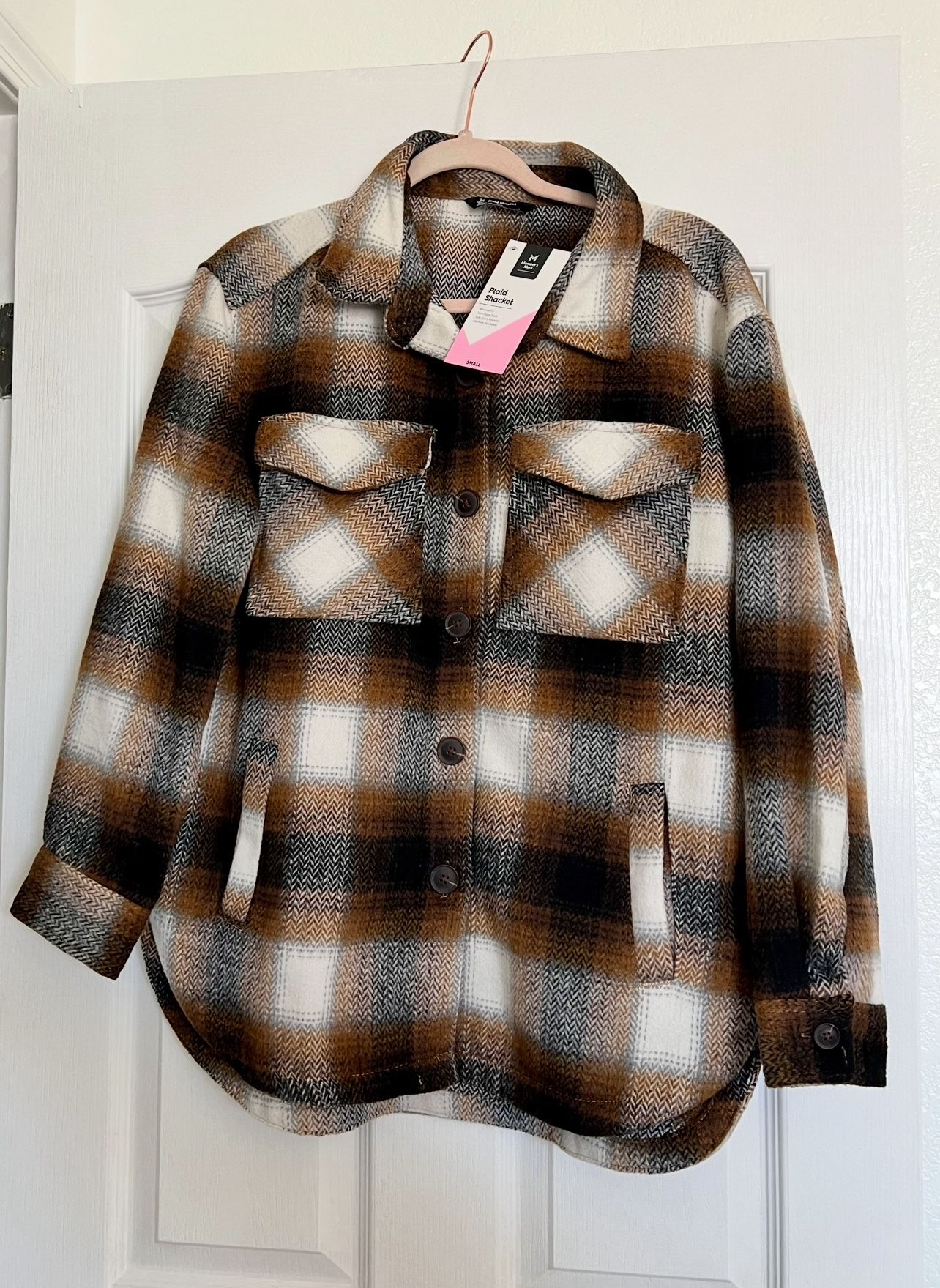 NWT Members Mark Women Flannel Jacket Shacket Fall Winter Plaid Brown