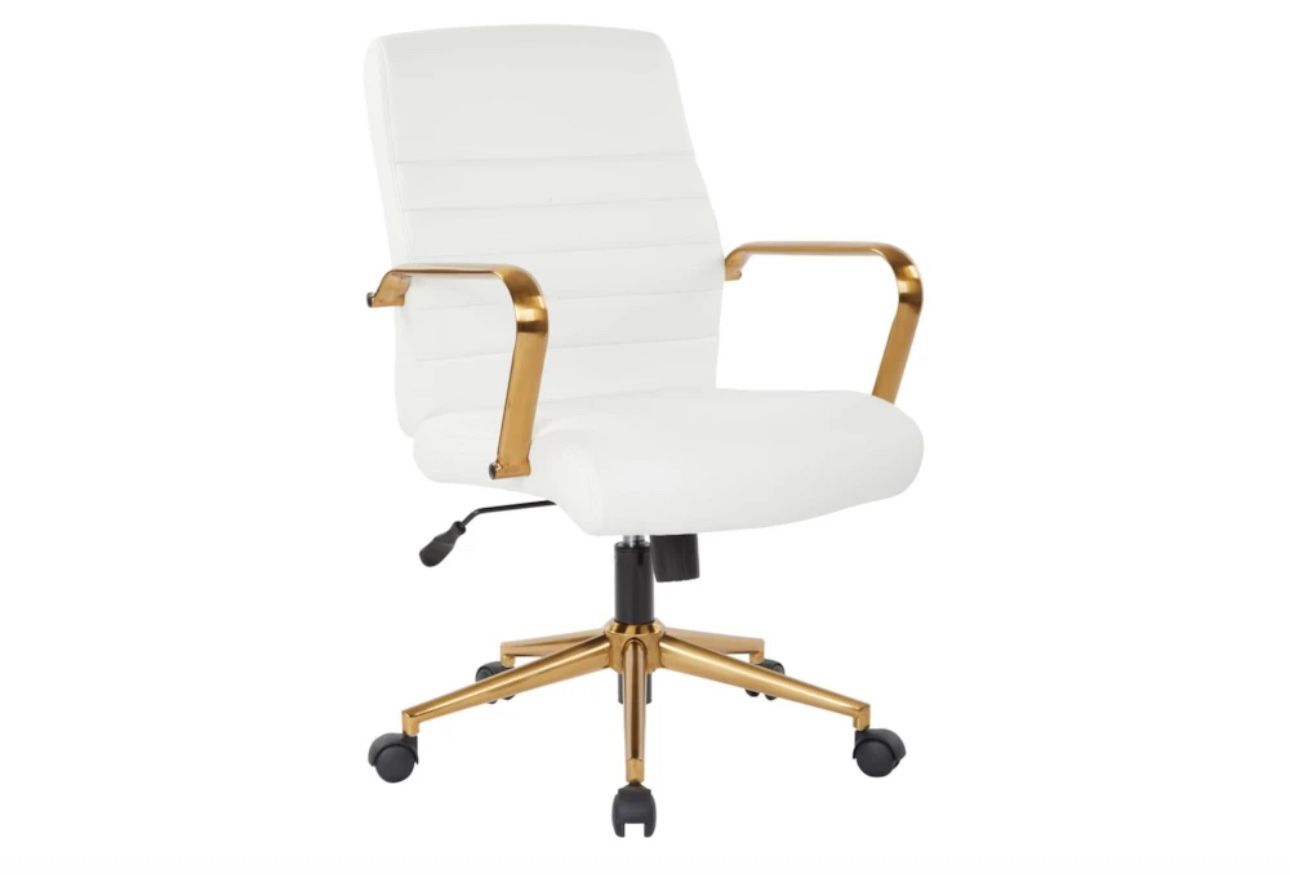Brand New Living Spaces Modern White + Gold High Back Office Desk Chair With Wheels | Ergonomic | Adjustable
