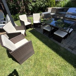 Glass Table And 4 Chairs With Ottoman And Cushions
