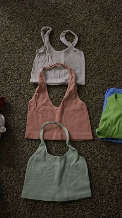 Green Halter Top- M/L     Pink Halter Top- S?     White Tank- S?