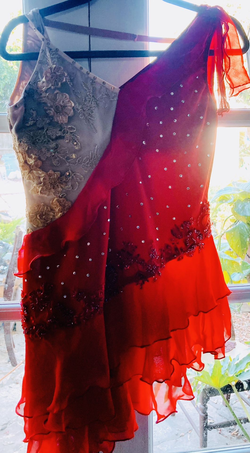 Fiery Diagonal Applique Ruffled Latin Dance Competition Dress