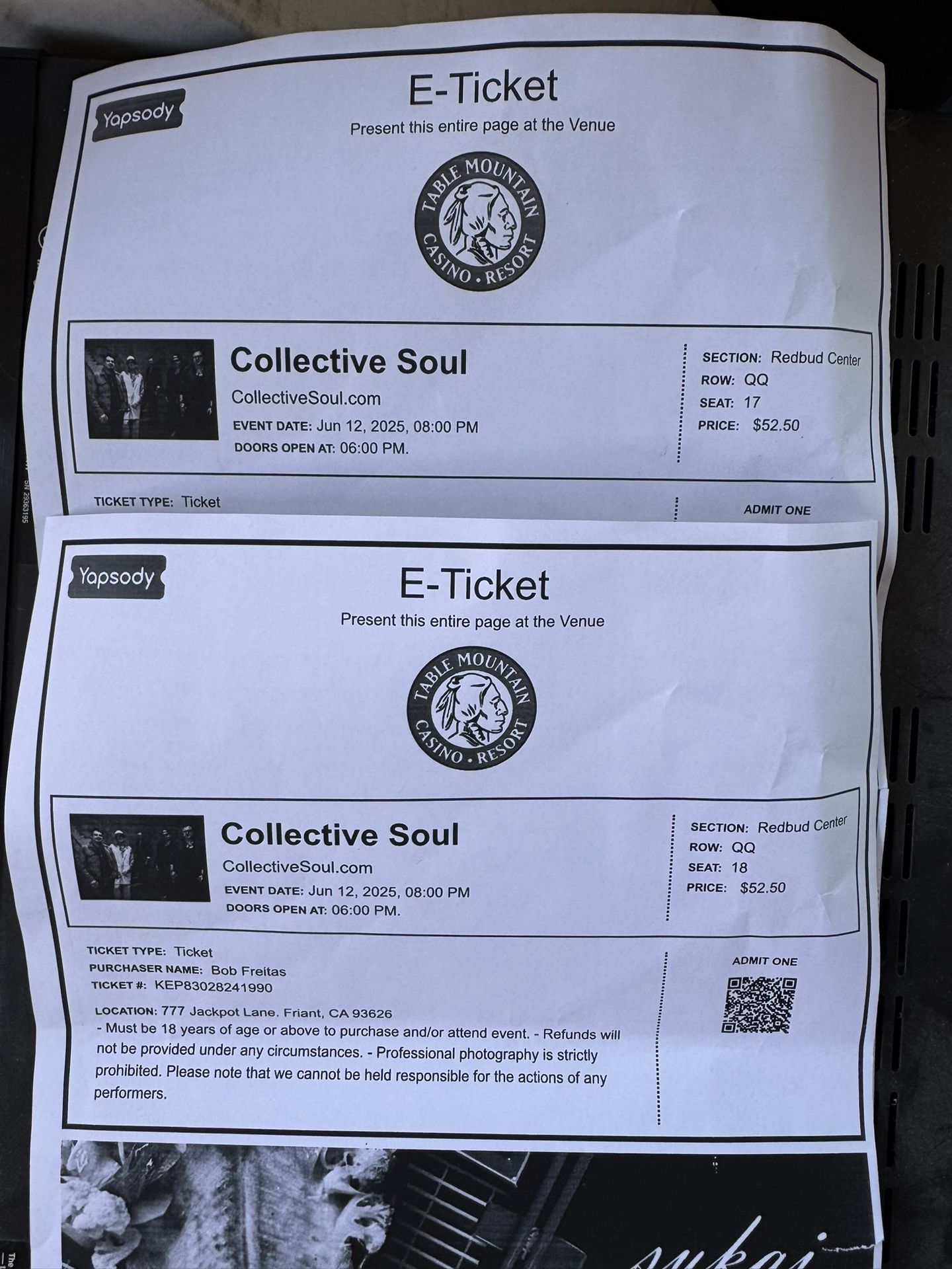 2 Tix Collective Soul At Table Mountain