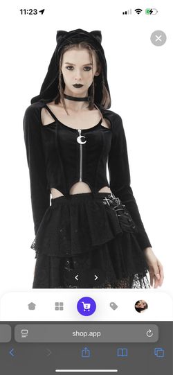 Dark In Love: Black Velvet Bat Ear Hooded Zip Front Cropped Hoodie, Size XL