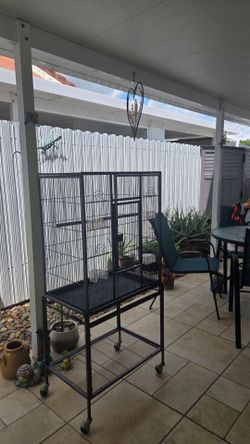 Large Black Metal Bird Cage on Wheels