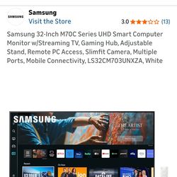 Samsung 32-Inch M70C Series UHD Smart Computer Monitor w/Streaming TV, Gaming Hub, Adjustable Stand, Remote PC Access, Slimfit Camera, Multiple Ports,