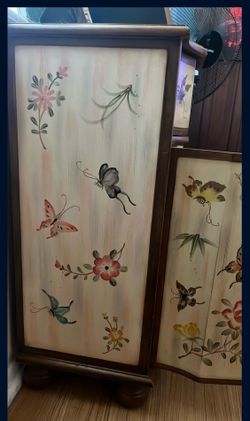 Hand Painted Butterfly Floral Chinoiserie Cabinet