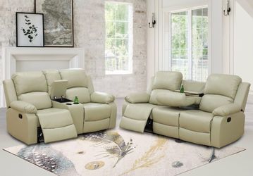 Beige leather fully reclining sofa and love seat