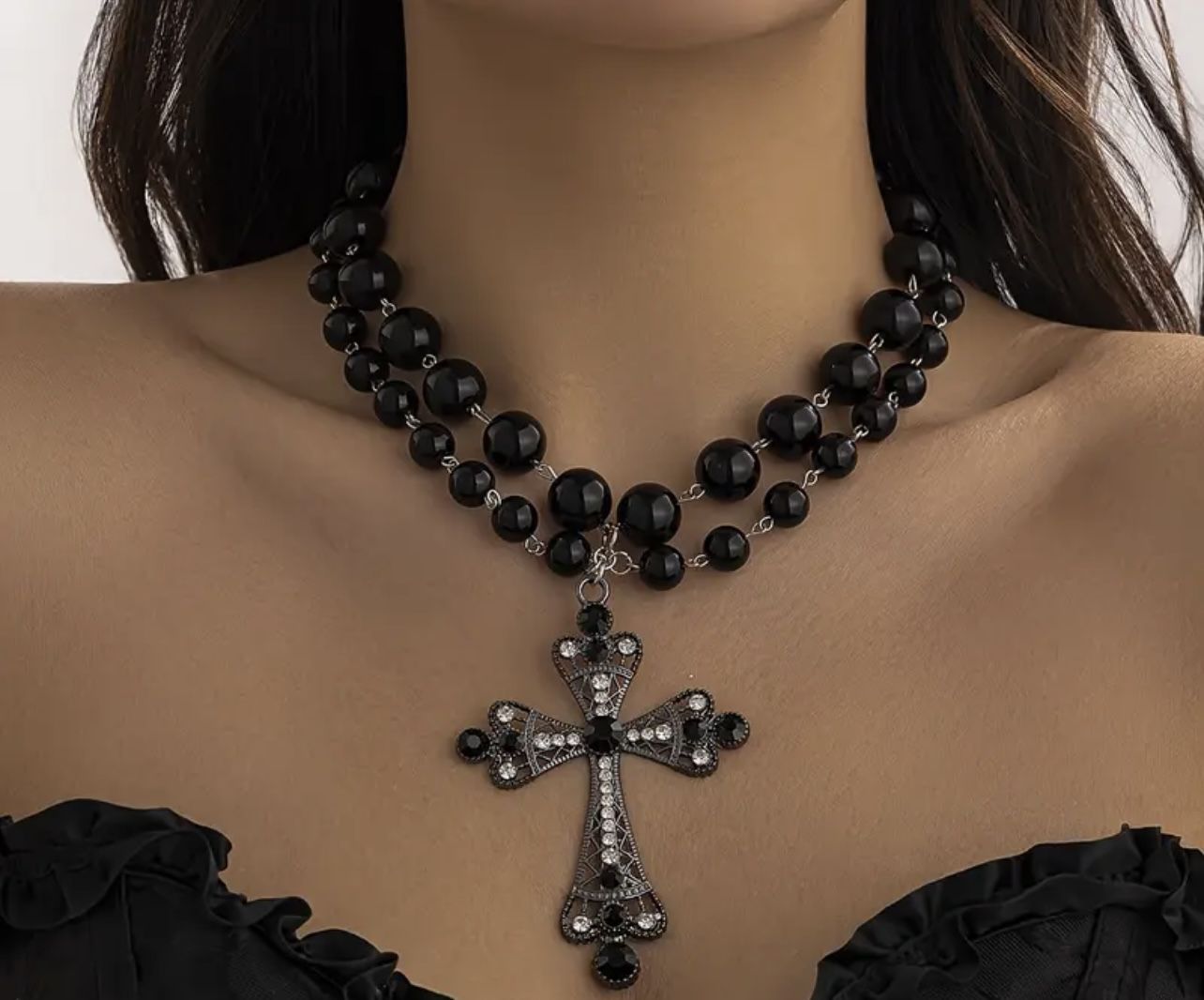 *SALE* Vintage Style Double Layer Black Brad Cross Hip Hop Necklace