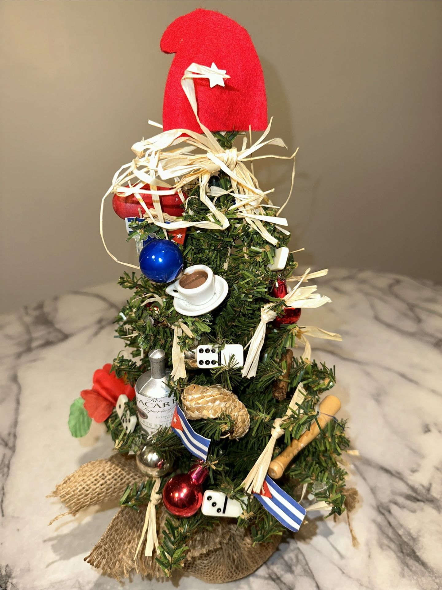 Cuban 15" Christmas Tree & Ornaments Cigar Dominoes Cafecito Rum Coffee Baseball  Handmade in Miami !  Preowned and in excellent condition  Our Cuban
