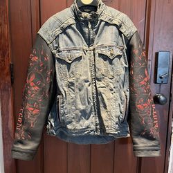 Vintage Icon Strongarm Fate Motorcycle Jacket Skulls Print Denim Leather Men Size XL