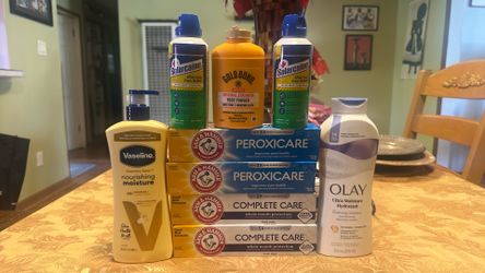 Toothpaste, lotion, body wash, solarcaine, gold bond powder
