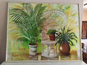 Vintage Mid Century 1970s Oversized 61.5 x 49.5 Boho Coastal Palms and Peacock Chair Signed Oil on Canvas