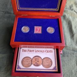 The First Lincoln Cents w/2 1909 Pennies & 1 Stamp in Display box, includes the 1909 VBD Penny