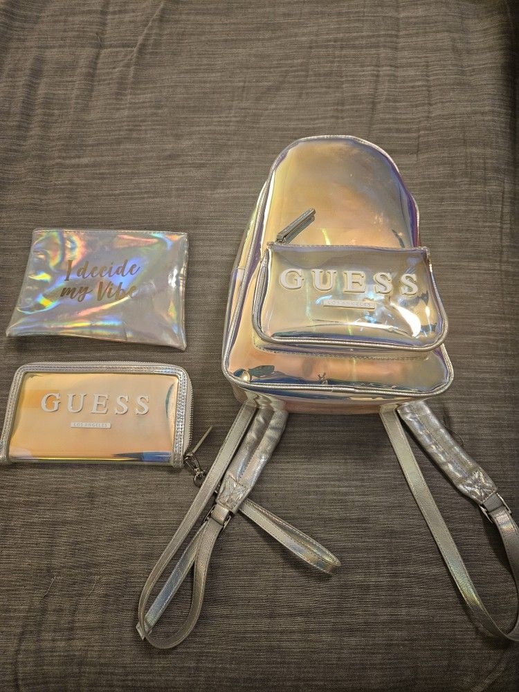 Guess iridescent backpack purse and wallet set (Rare)