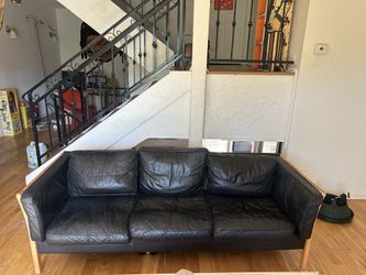 Vintage Danish Modern Black Leather & Beech 3-Seater Sofa — Attributed to Stouby, circa 1970s–80s