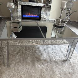 Beautiful Glass Dining Table With Blue Chairs