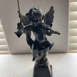 Vintage 1970s Cast Bronze Cherub Angel Boy Statue Playing Violin, 13", USA