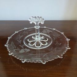 Clear Pressed Glass Serving Tray with Center Handle and Etched Floral Design by Paden City Glass Company