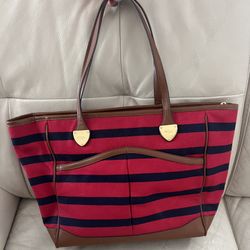 Lauren Ralph Lauren Striped Tote Bag Purse Red/Black Leather Trim Shoulder