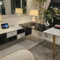 L-Shaped Modern Right Hand Corner Executive Desk with Storage in White & Gold & Black & Executive Chair (3 pieces)
