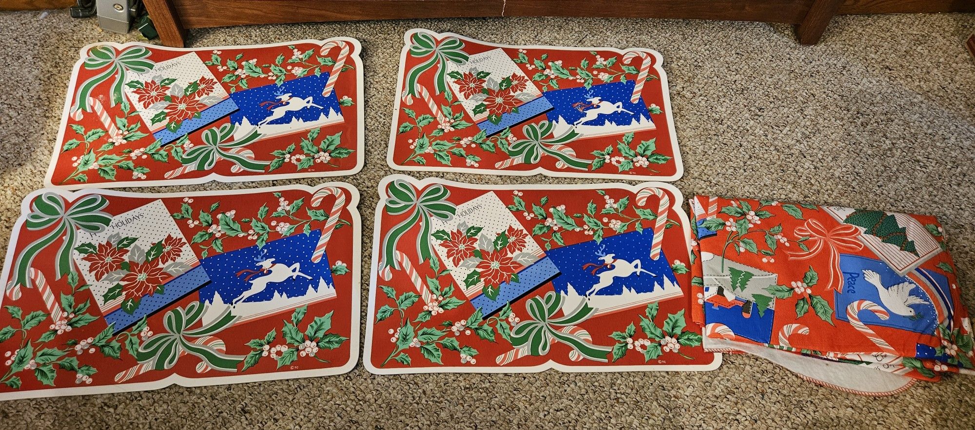 Christmas Themed Red Placemats And Tablecloth