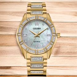 Citizen Womens Crystal Accent Gold Tone Stainless Steel Bracelet Watch Em1022-51d