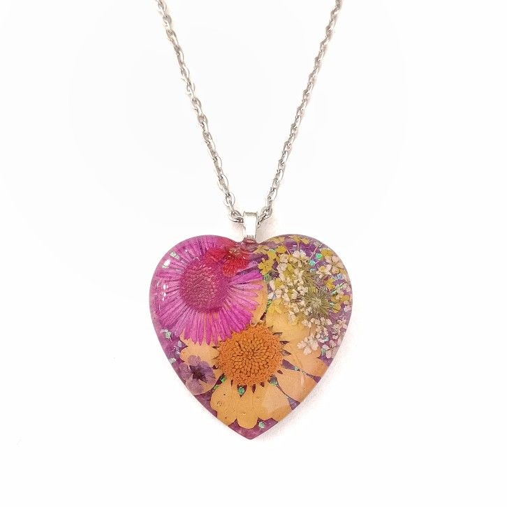 Multicolor flower heart pendant on silver necklace new handmade resin glitter