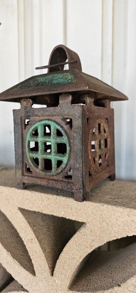 Antique Japanese Cast Iron Pagoda Garden Lantern Vintage Rustic Heavy Patina