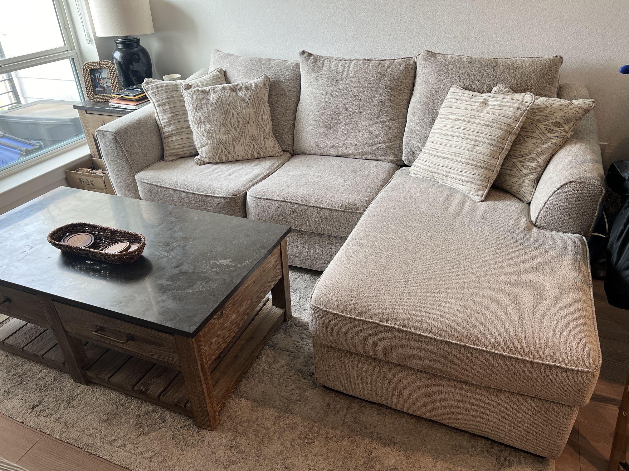 Reversible Sectional Sofa In Beige With Grey Specks. 