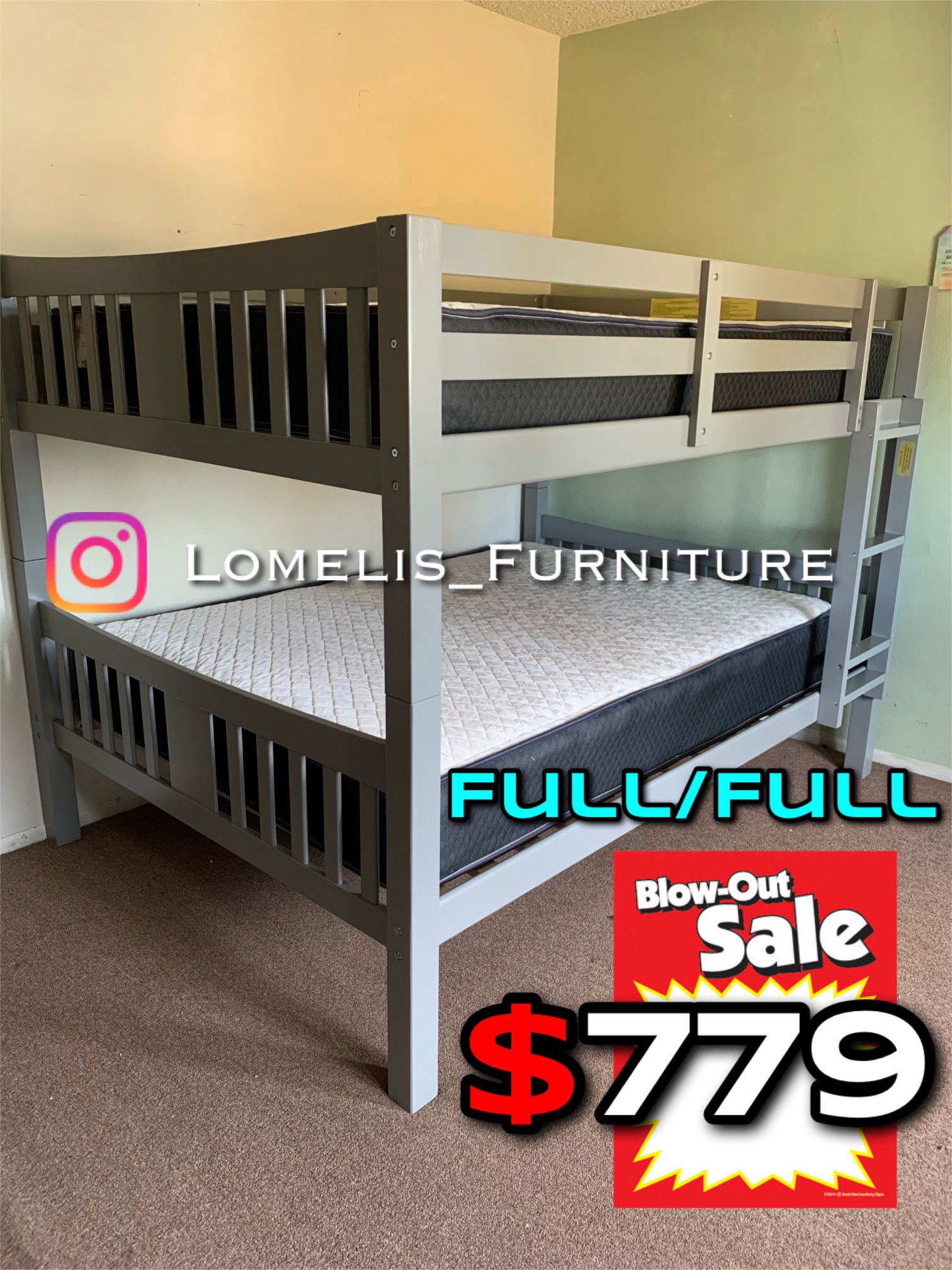 Full/Full Gray Wooden Bunk bed w. Ortho Mattresses Included 
