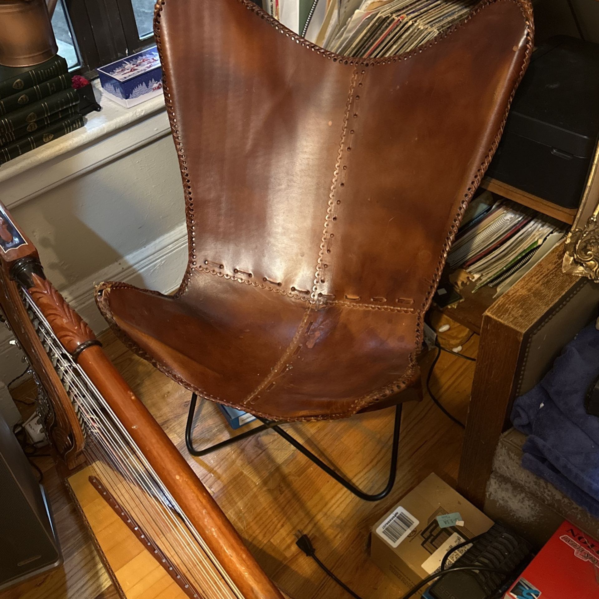 Mid-Century Natural Leather Butterfly Chair With Wrought Iron Frame