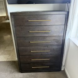 6-Drawer Tall Dresser – Dark Brown Wood Grain, Gold Bar Pulls, Macy’s