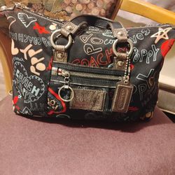 Coach Poppy Graffiti LUXY Satchel Canvas 2-way Tote Shoulder Bag Black Silver