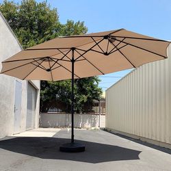 (NEW) $130 Large 15 FT Double Sided Outdoor Umbrella with 65 LBS Plastic Weight Base (Beige color)