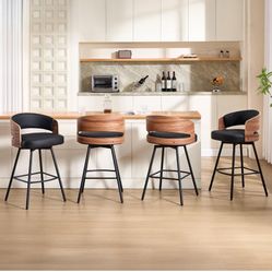 Wooden And Black Leather Counter Height Stools