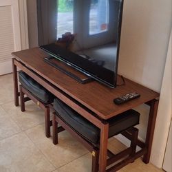 Rare Vintage Mid Century Jens Risom 48" Walnut Console Table and Original Leather Padded Benches. All original. Excellent condition. Sacrifice! 