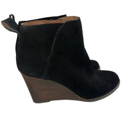 Lucky Brand Yeezah Wedge Black Suede Leather Ankle Boots Bootie Sz 7.5